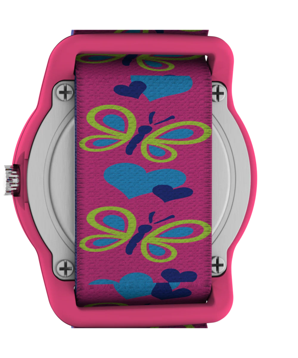 TIMEX TIME MACHINES® 29mm Butterflies and Hearts Blue Elastic Fabric Kids Watch - Image 4