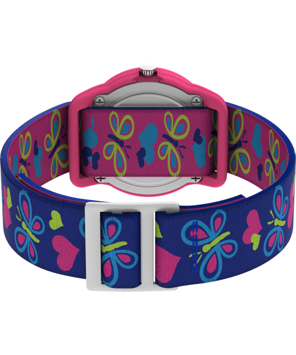 TIMEX TIME MACHINES® 29mm Butterflies and Hearts Blue Elastic Fabric Kids Watch - Image 5